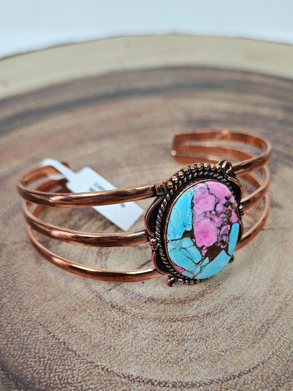NWT Copper Cotton Candy Turquoise Oval Stone Three Band Cuff 6.5"-7.5"